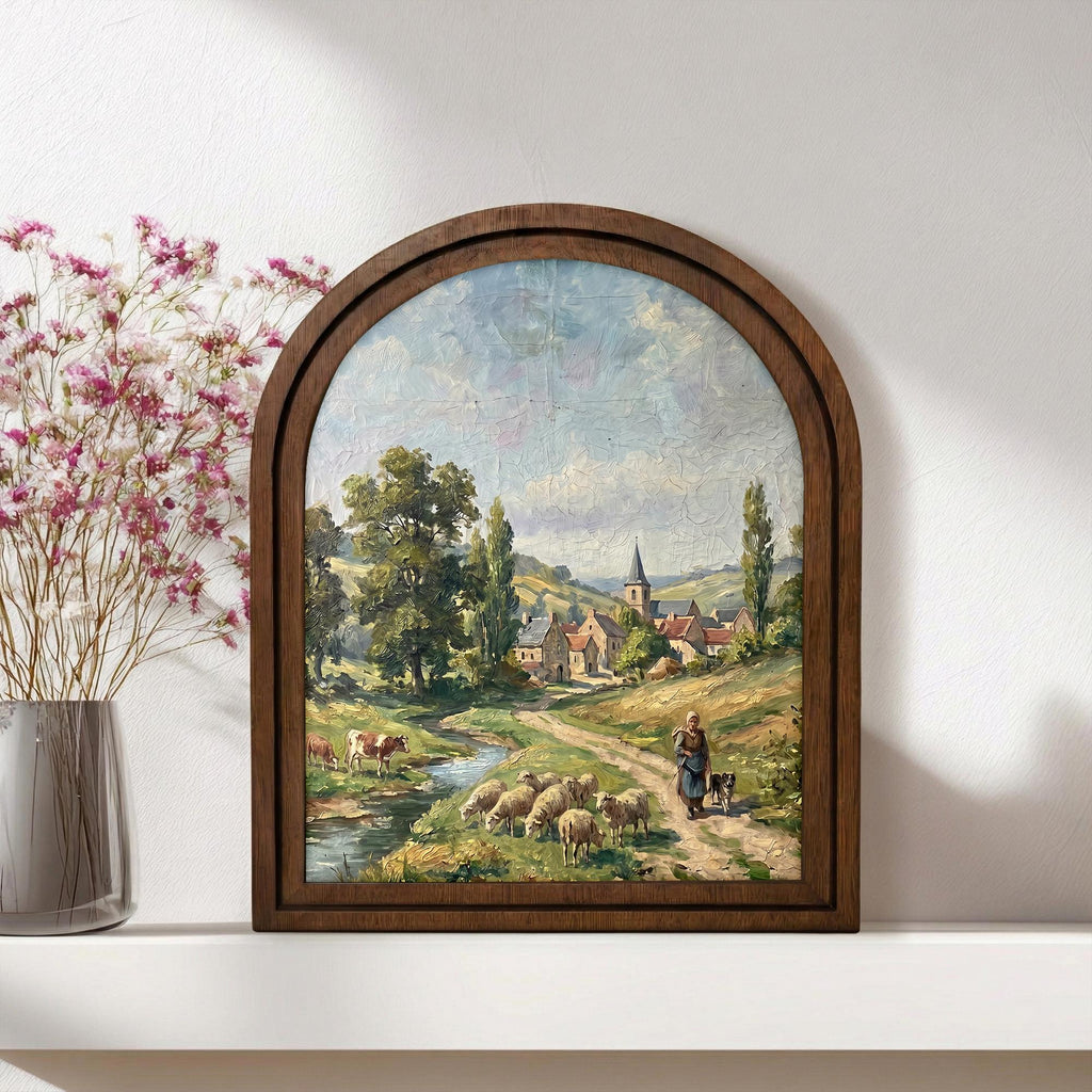 European Village Art, Country Landscape, Arched Wood Frame, Sheep Oil Painting, Pastoral Canvas Print, Arched Picture Frame, Vintage Decor