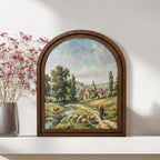 European Village Art, Country Landscape, Arched Wood Frame, Sheep Oil Painting, Pastoral Canvas Print, Arched Picture Frame, Vintage Decor