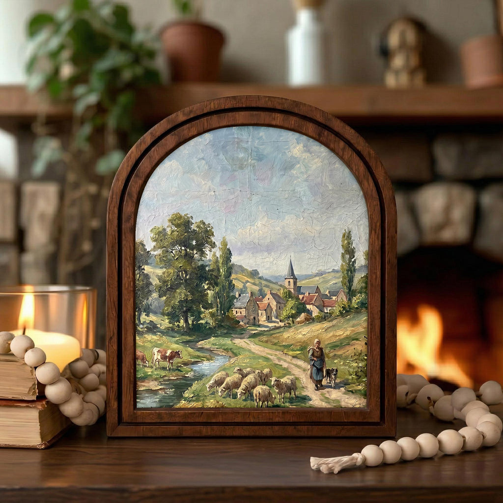 European Countryside, Sheep Oil Painting, Arched Wood Frame, Pastoral Canvas Print, Arched Picture Frame, French Country Art, Vintage Decor
