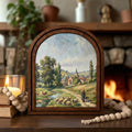 European Village Art, Country Landscape, Arched Wood Frame, Sheep Oil Painting, Pastoral Canvas Print, Arched Picture Frame, Vintage Decor