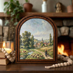 European Village Art, Country Landscape, Arched Wood Frame, Sheep Oil Painting, Pastoral Canvas Print, Arched Picture Frame, Vintage Decor