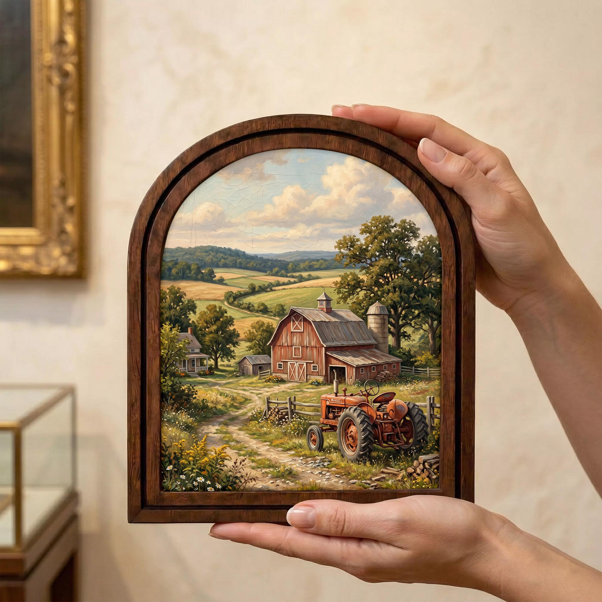 Red Tractor Painting, Farmhouse Wall Art, Arched Wood Frame, Red Barn Canvas Print, Country Landscape, Arched Picture Frame, Americana Decor
