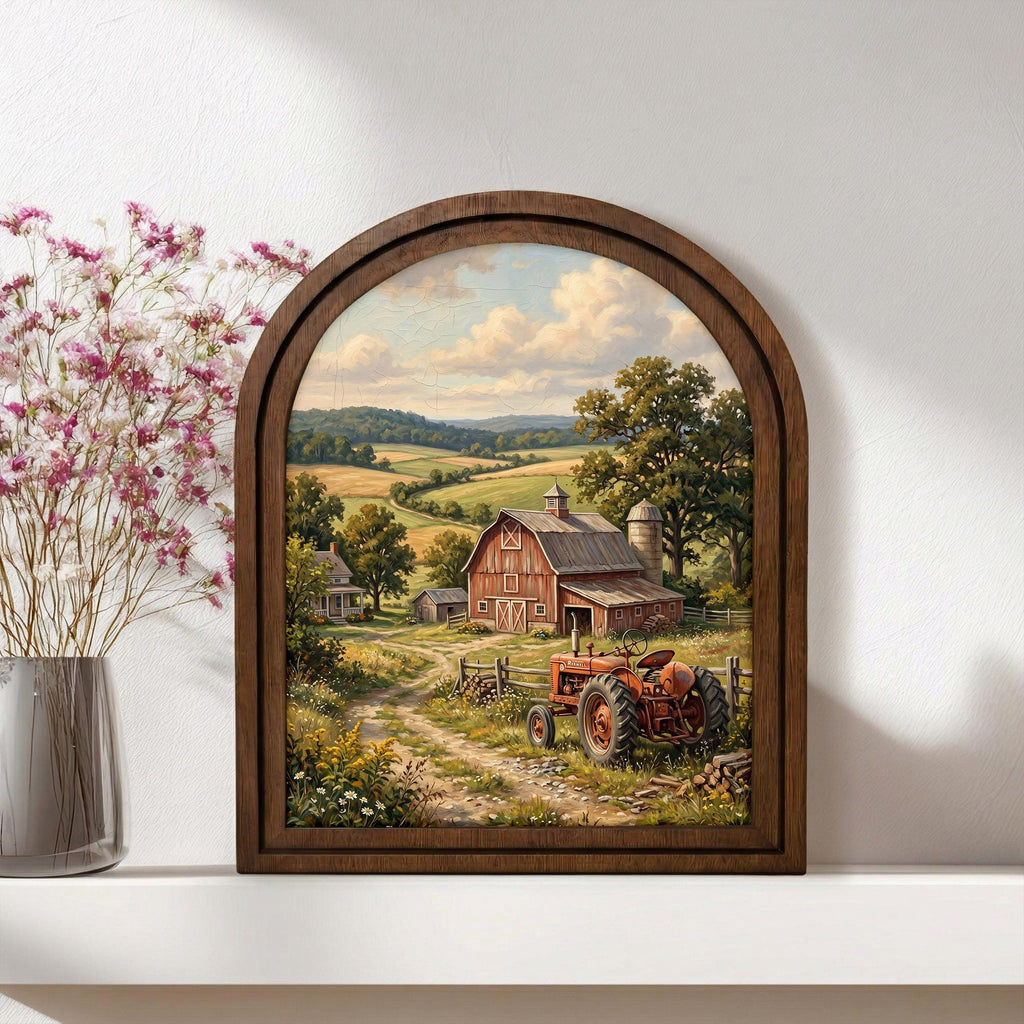 Red Tractor Painting, Farmhouse Wall Art, Arched Wood Frame, Red Barn Canvas Print, Country Landscape, Arched Picture Frame, Americana Decor