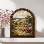 Red Tractor Painting, Farmhouse Wall Art, Arched Wood Frame, Red Barn Canvas Print, Country Landscape, Arched Picture Frame, Americana Decor