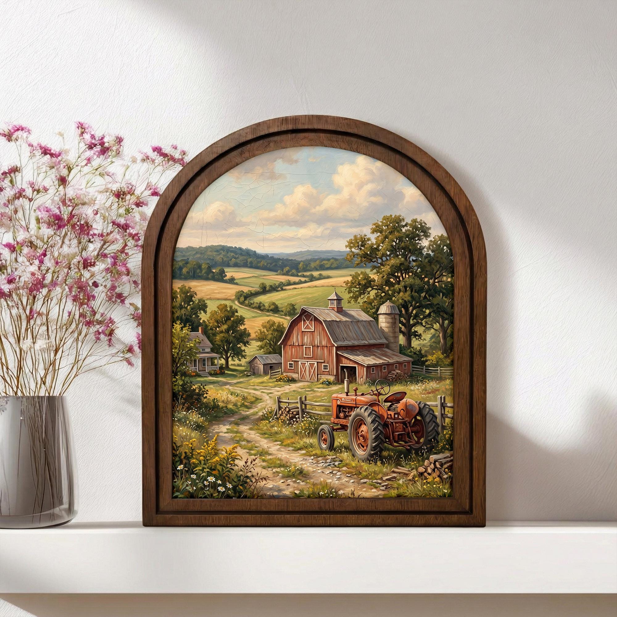 Red Tractor Painting, Farmhouse Wall Art, Arched Wood Frame, Red Barn Canvas Print, Country Landscape, Arched Picture Frame, Americana Decor