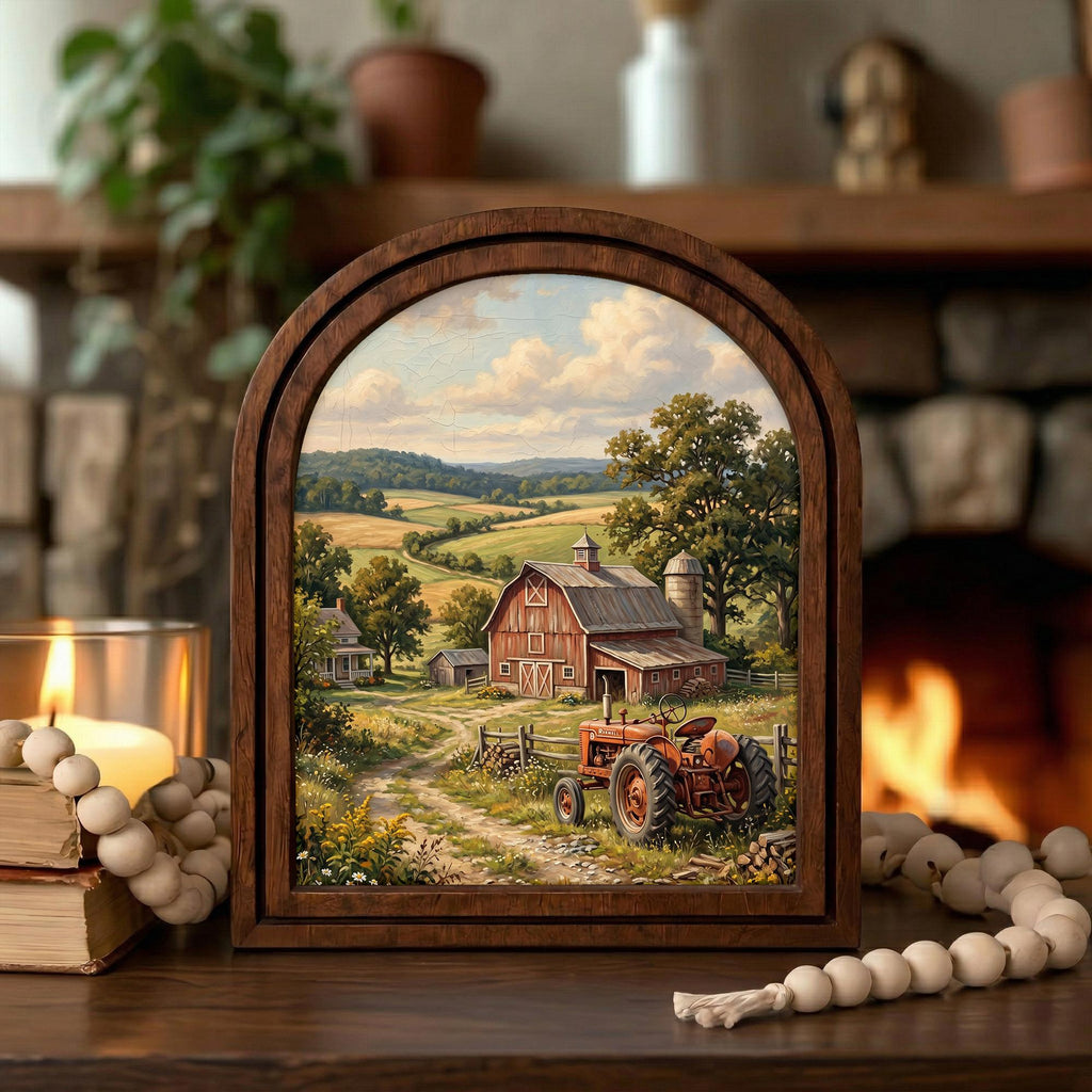 Red Tractor Painting, Farmhouse Wall Art, Arched Wood Frame, Red Barn Canvas Print, Country Landscape, Arched Picture Frame, Americana Decor