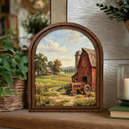 Red Tractor Painting, Farmhouse Wall Art, Arched Wood Frame, Red Barn Canvas Print, Country Landscape, Arched Picture Frame, Americana Decor