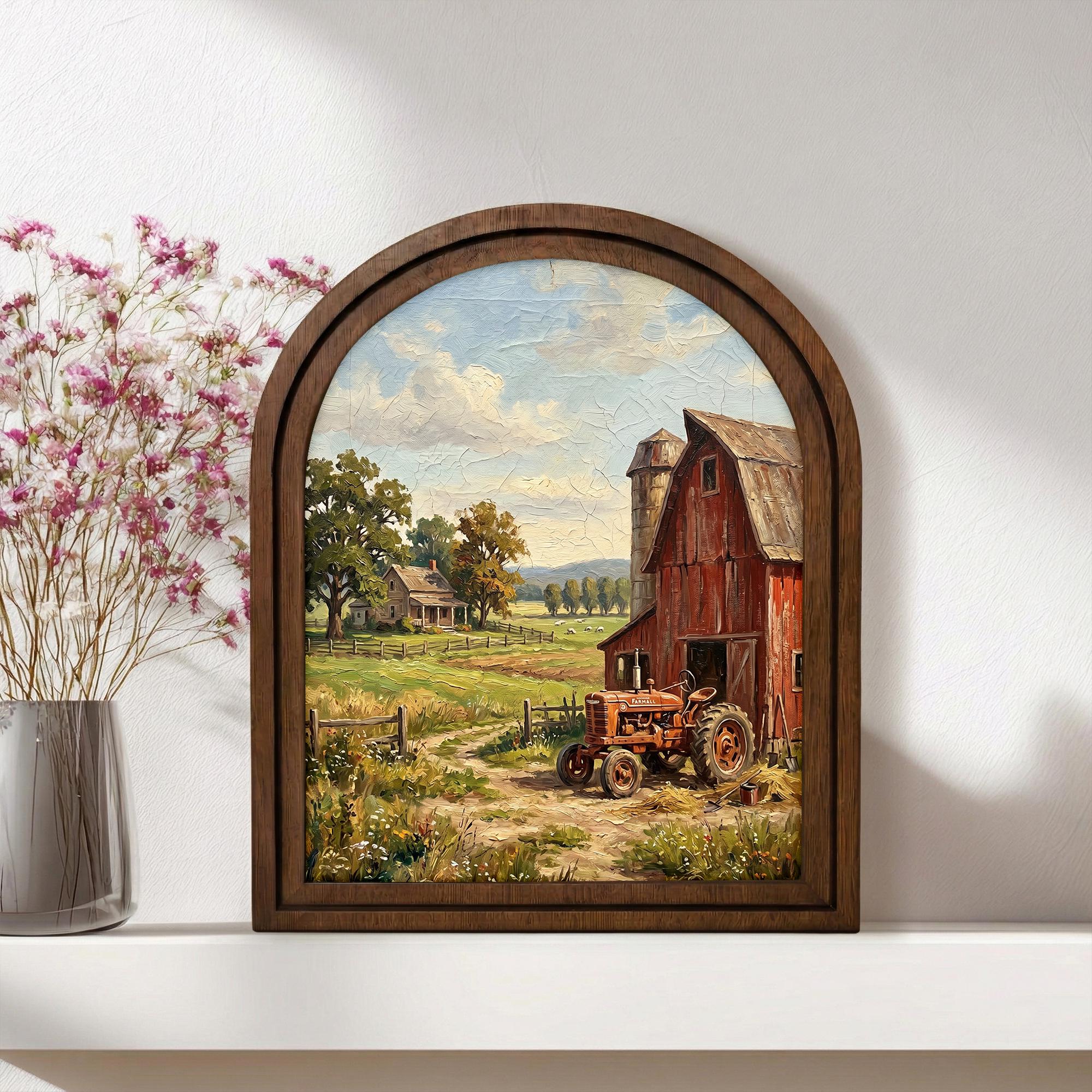 Red Tractor Painting, Farmhouse Wall Art, Arched Wood Frame, Red Barn Canvas Print, Country Landscape, Arched Picture Frame, Americana Decor