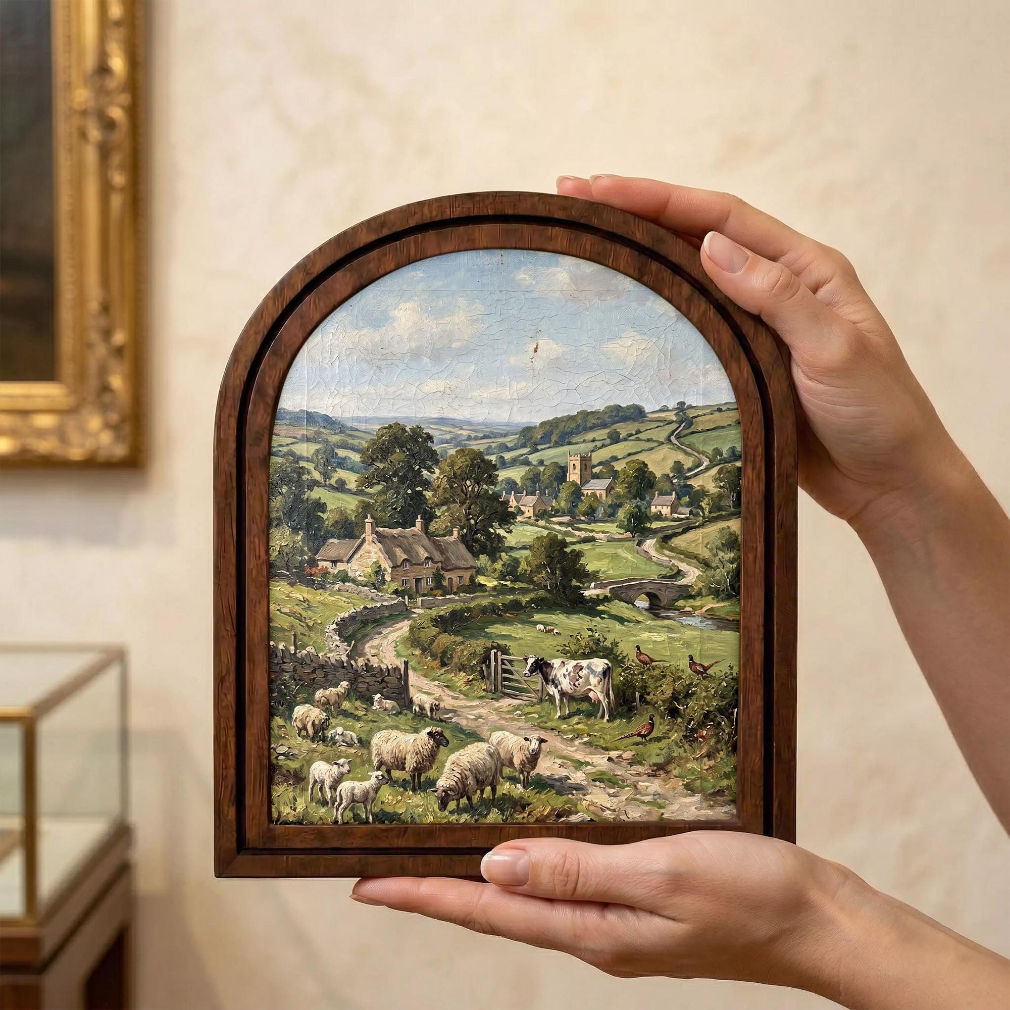 English Countryside, Farmhouse Wall Art, Arched Wood Frame, Vintage Cottage Print, Sheep Oil Painting, Arched Picture Frame, Pastoral Decor