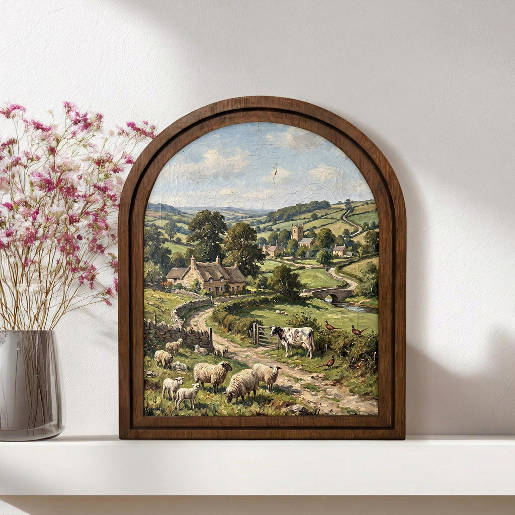 English Countryside, Farmhouse Wall Art, Arched Wood Frame, Vintage Cottage Print, Sheep Oil Painting, Arched Picture Frame, Pastoral Decor