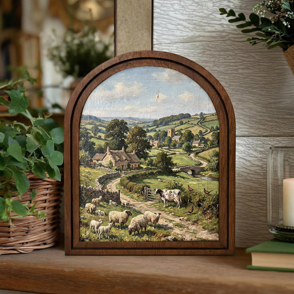 English Countryside, Farmhouse Wall Art, Arched Wood Frame, Vintage Cottage Print, Sheep Oil Painting, Arched Picture Frame, Pastoral Decor