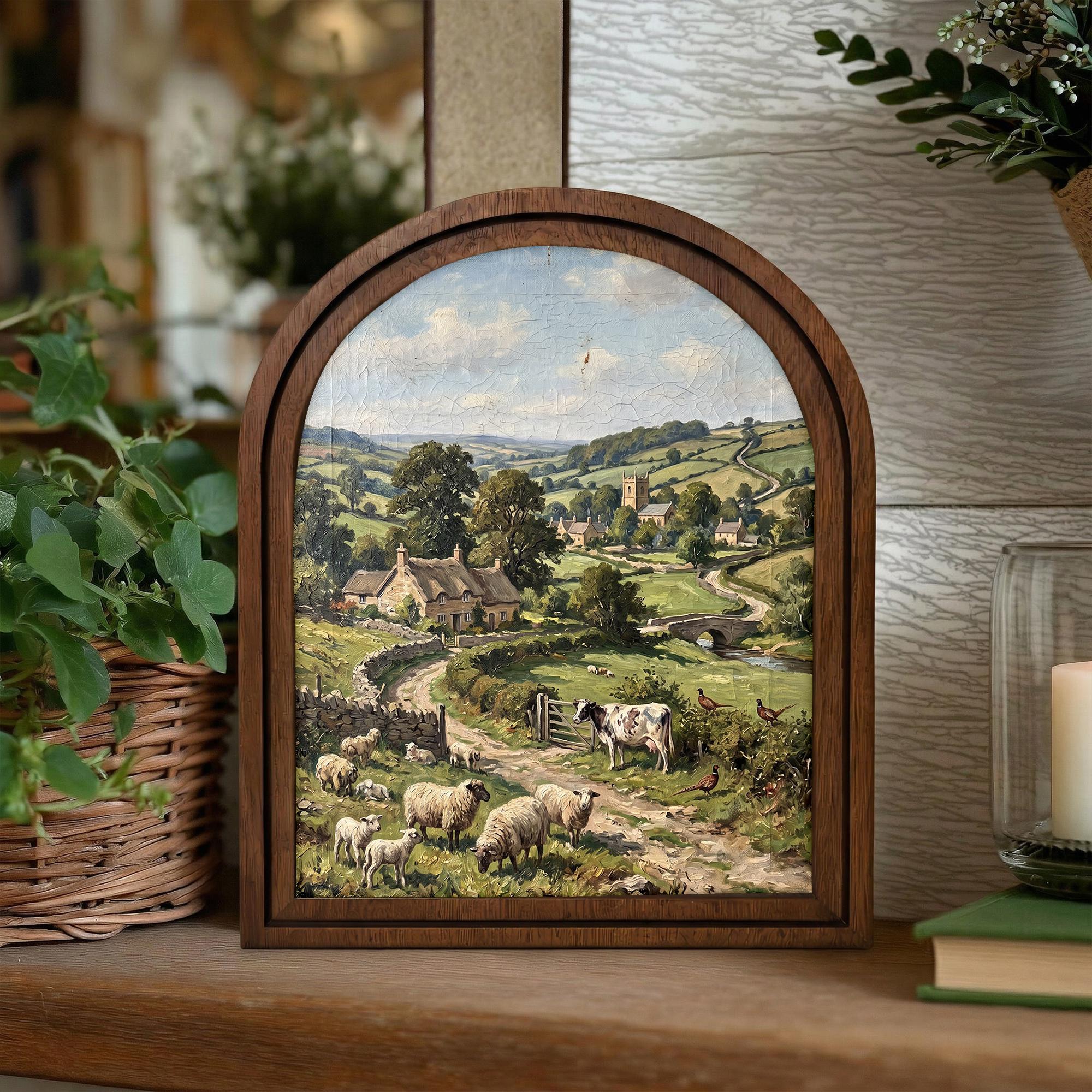 English Countryside, Farmhouse Wall Art, Arched Wood Frame, Vintage Cottage Print, Sheep Oil Painting, Arched Picture Frame, Pastoral Decor