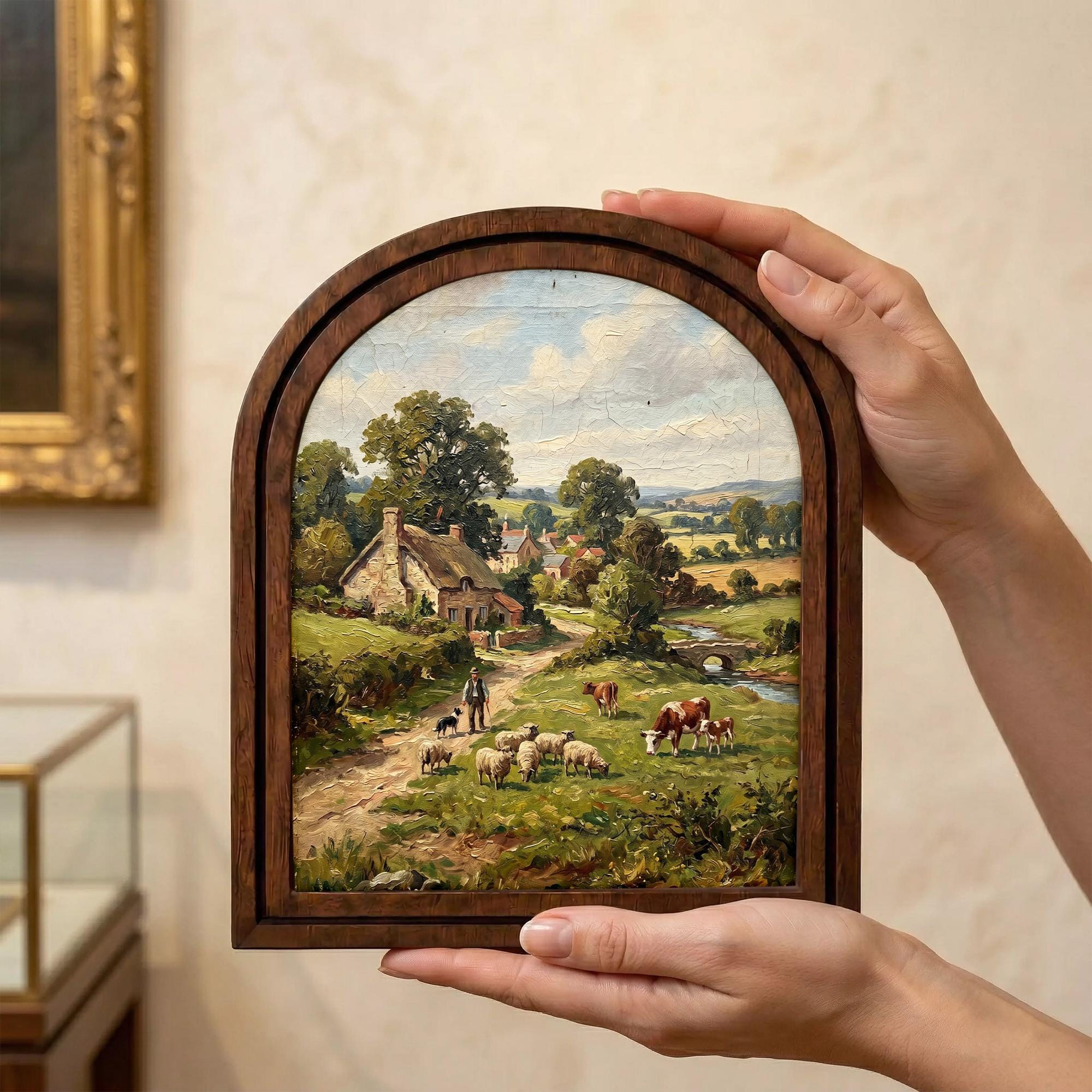 European Countryside, Farmhouse Wall Art, Arched Wood Frame, Sheep Oil Painting, Pastoral Canvas Print, Arched Picture Frame, Vintage Decor