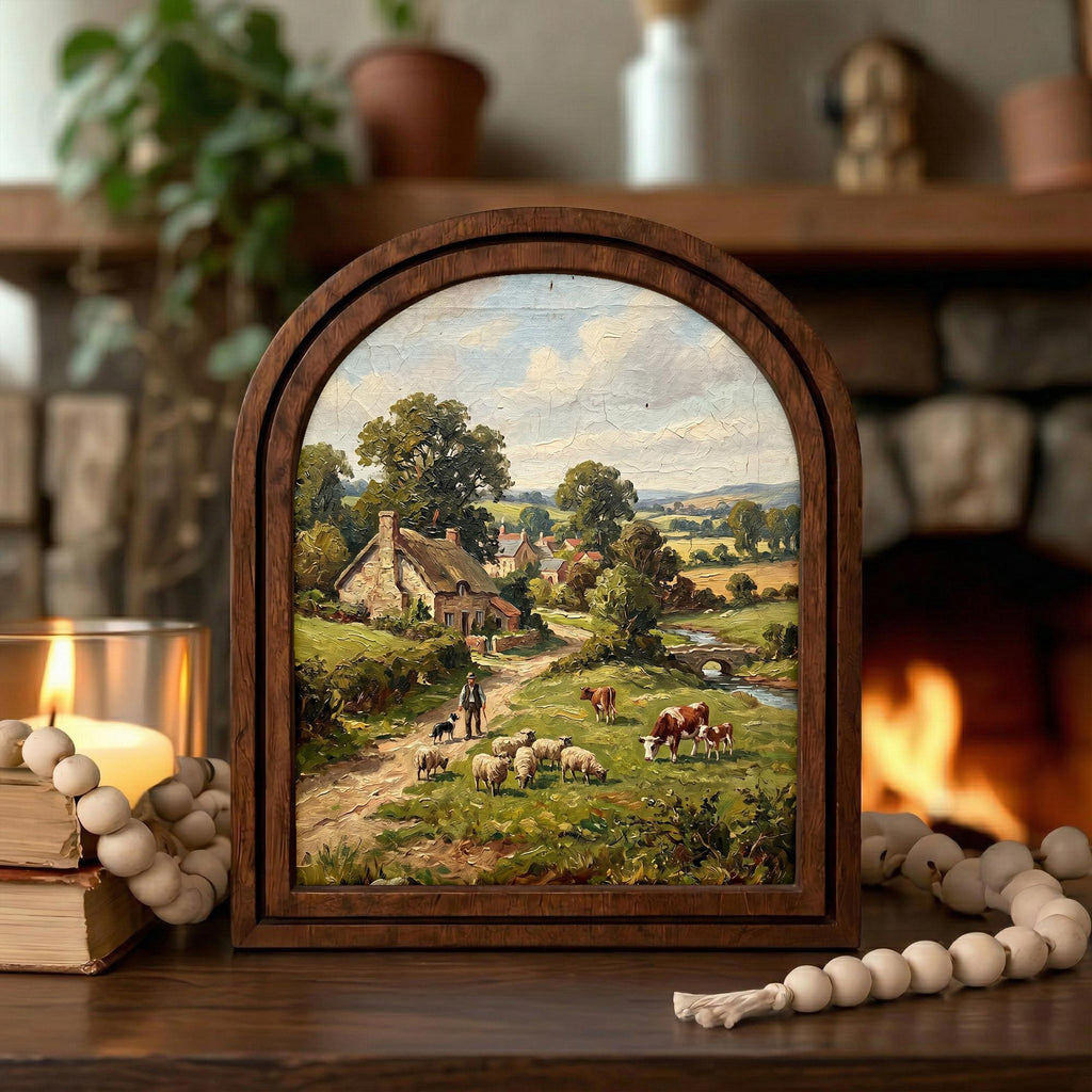 European Countryside, Farmhouse Wall Art, Arched Wood Frame, Sheep Oil Painting, Pastoral Canvas Print, Arched Picture Frame, Vintage Decor