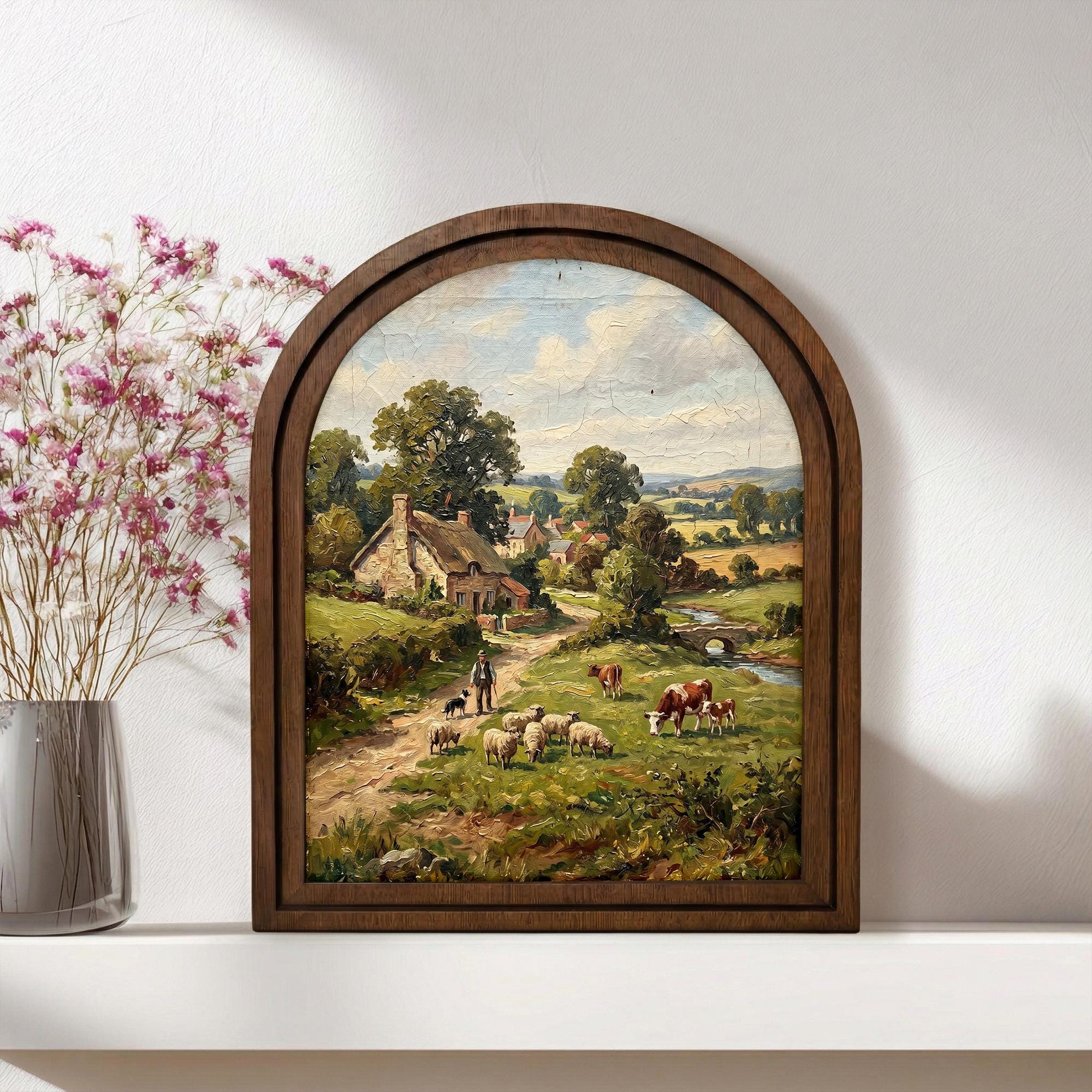 European Countryside, Farmhouse Wall Art, Arched Wood Frame, Sheep Oil Painting, Pastoral Canvas Print, Arched Picture Frame, Vintage Decor