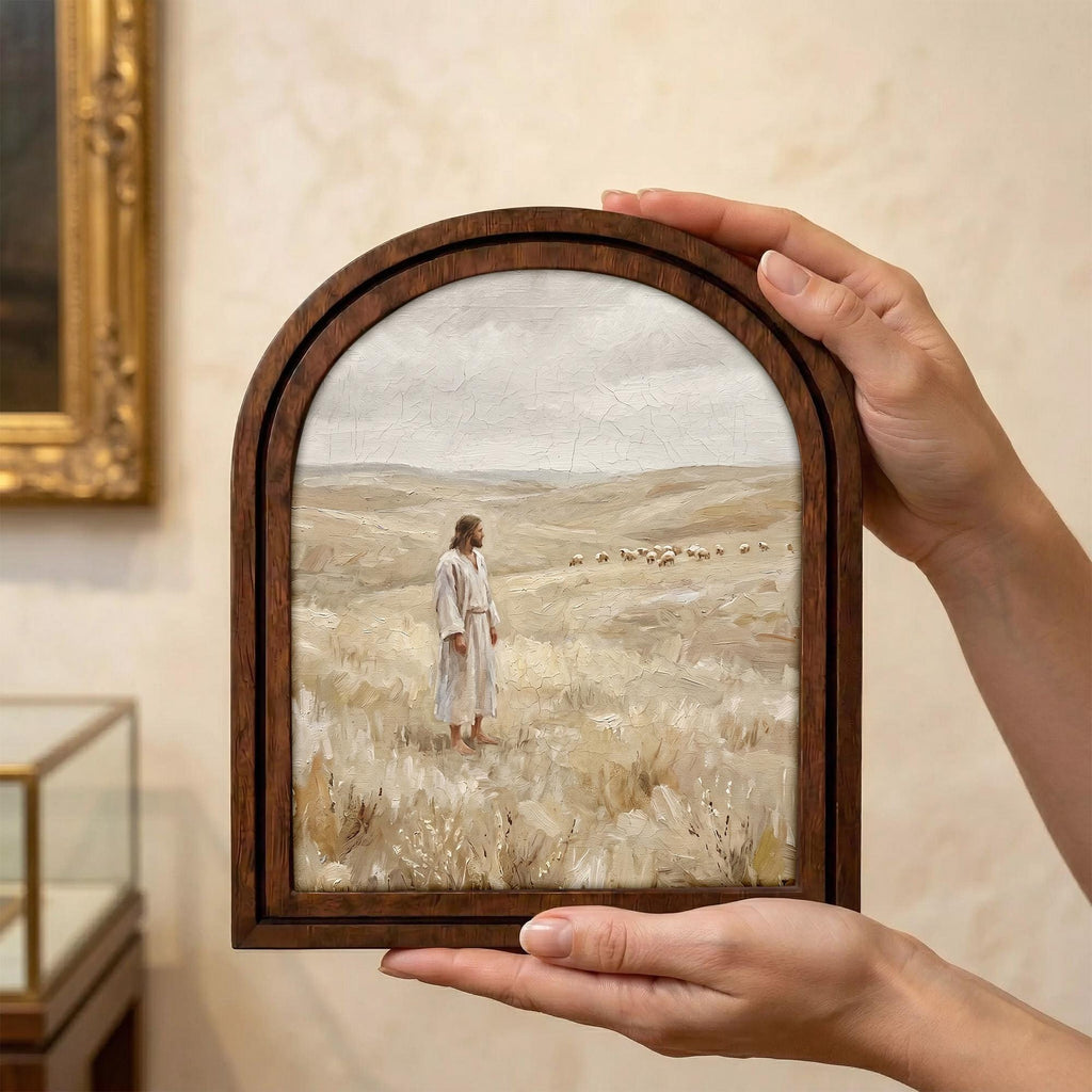 Good Shepherd Art, Jesus Painting, Arched Wood Frame, Christian Wall Decor, Christ Lamb Print, Religious Picture Frame, Catholic Home Gift