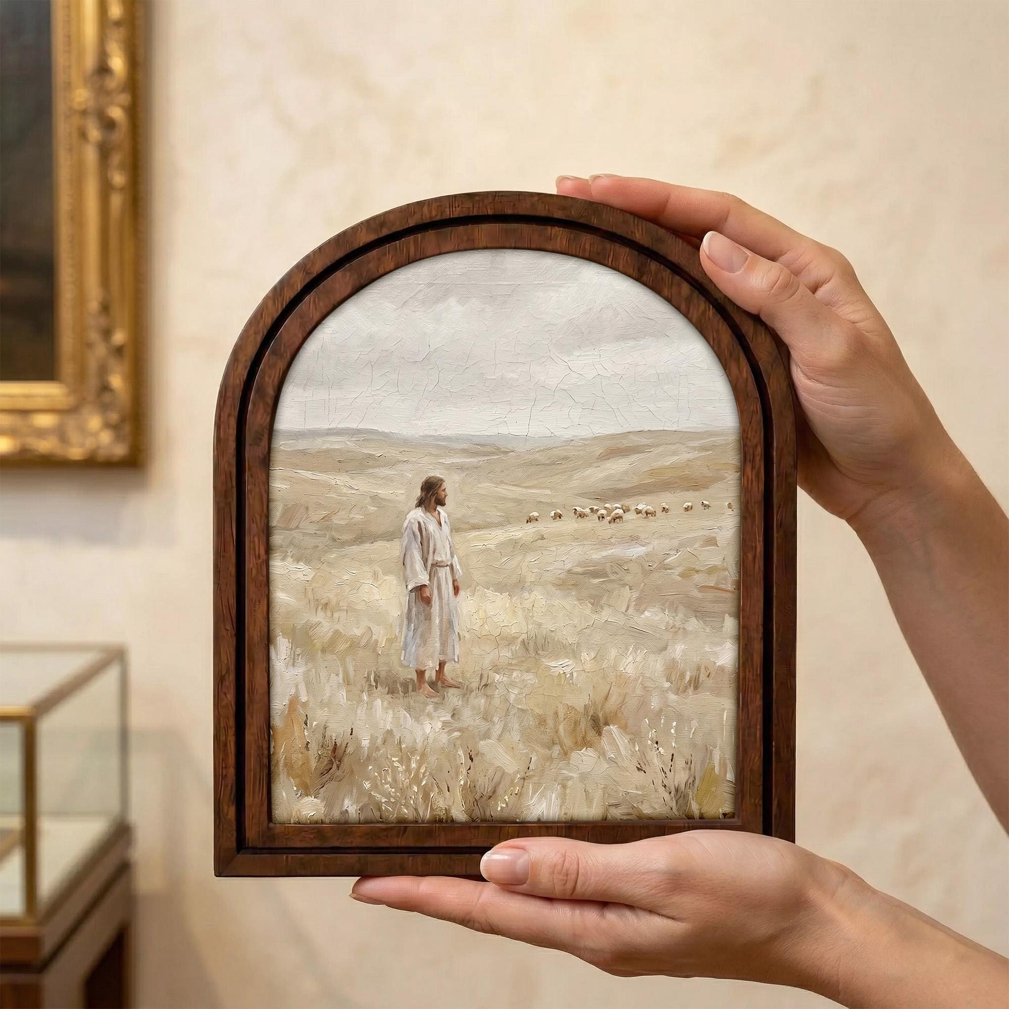 Good Shepherd Art, Jesus Painting, Arched Wood Frame, Christian Wall Decor, Christ Lamb Print, Religious Picture Frame, Catholic Home Gift