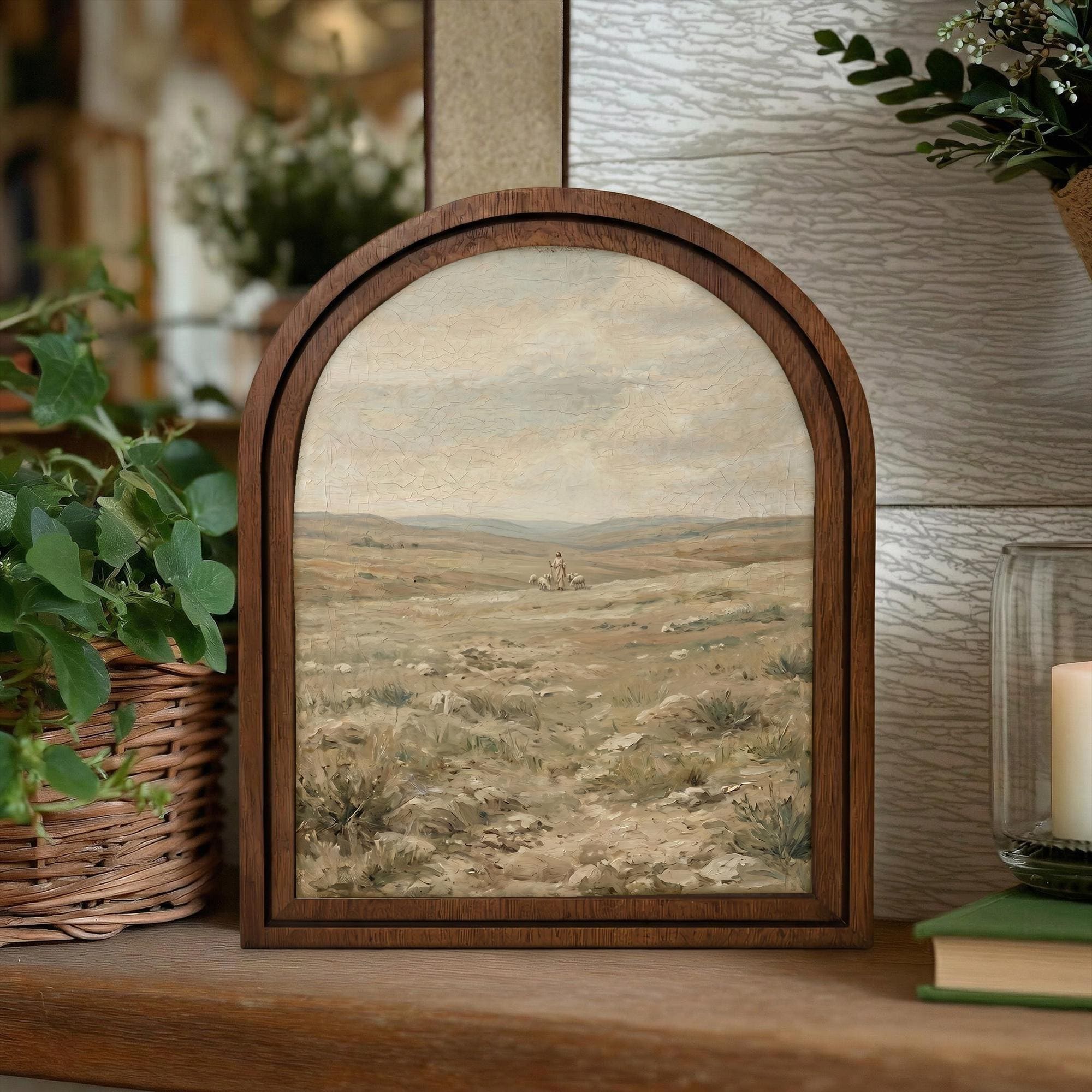 Good Shepherd Art, Jesus Painting, Arched Wood Frame, Christian Wall Decor, Christ Lamb Print, Religious Picture Frame, Catholic Home Gift