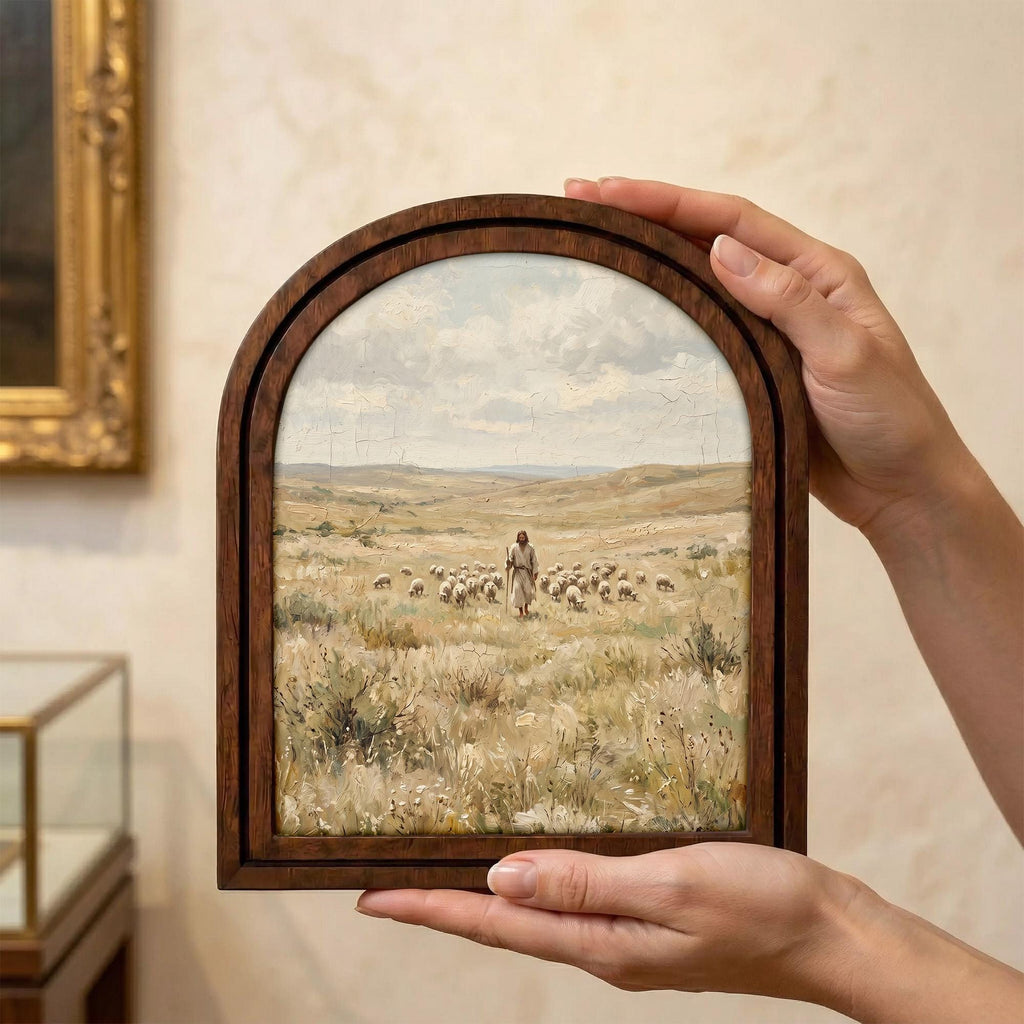 Good Shepherd Art, Jesus Painting, Arched Wood Frame, Christian Wall Decor, Christ Lamb Print, Religious Picture Frame, Catholic Home Gift