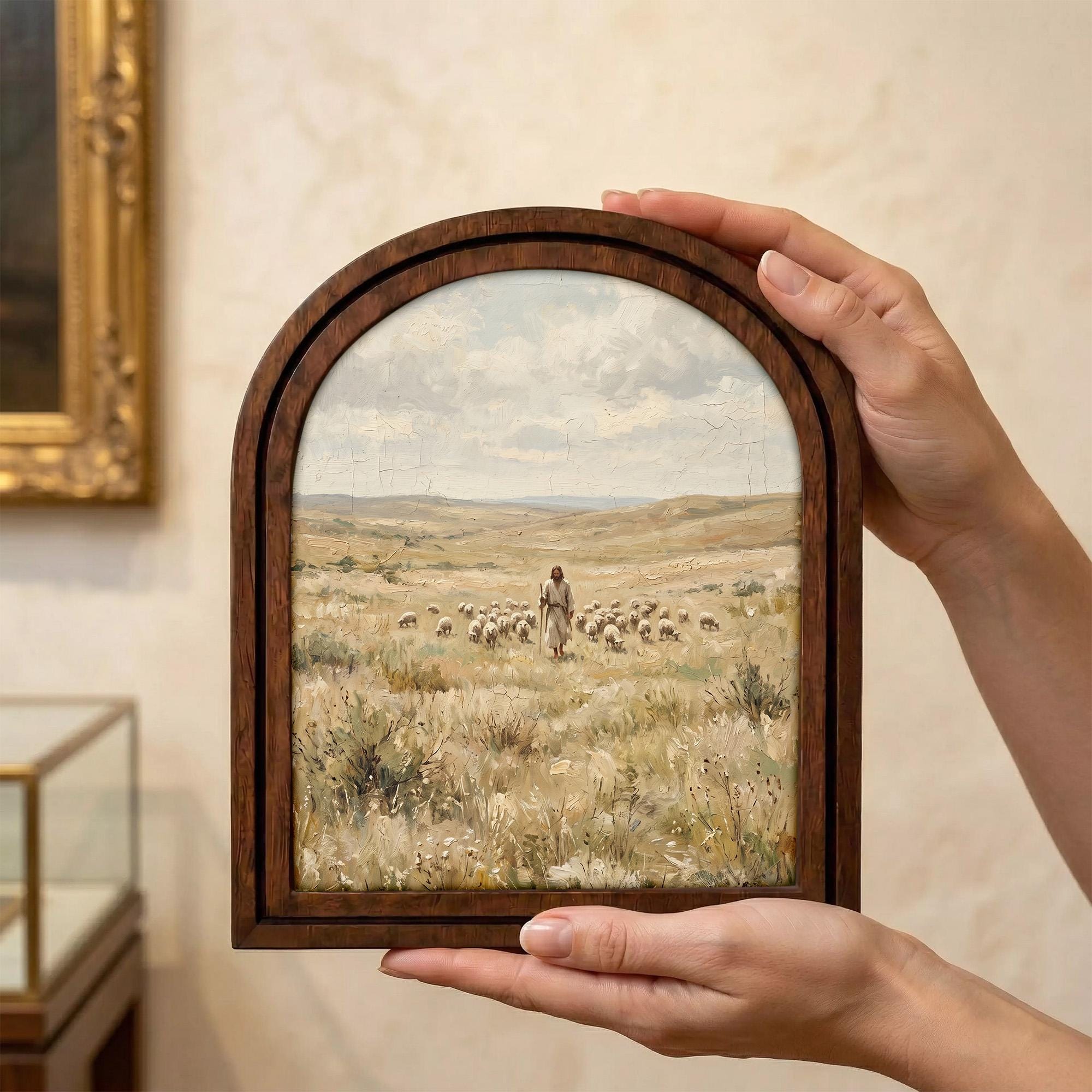 Good Shepherd Art, Jesus Painting, Arched Wood Frame, Christian Wall Decor, Christ Lamb Print, Religious Picture Frame, Catholic Home Gift