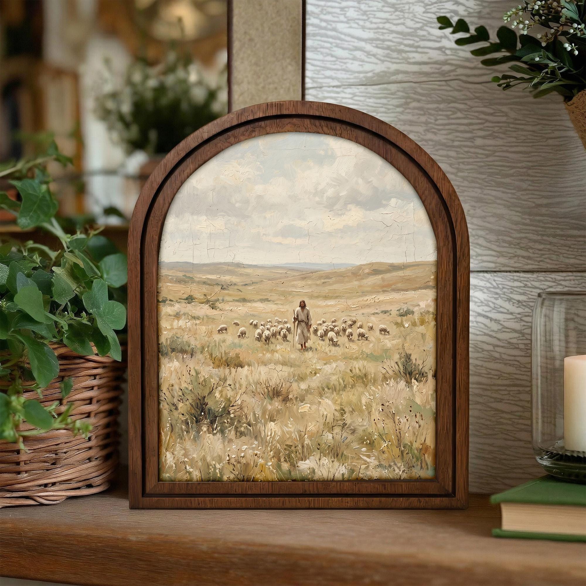 Good Shepherd Art, Jesus Painting, Arched Wood Frame, Christian Wall Decor, Christ Lamb Print, Religious Picture Frame, Catholic Home Gift