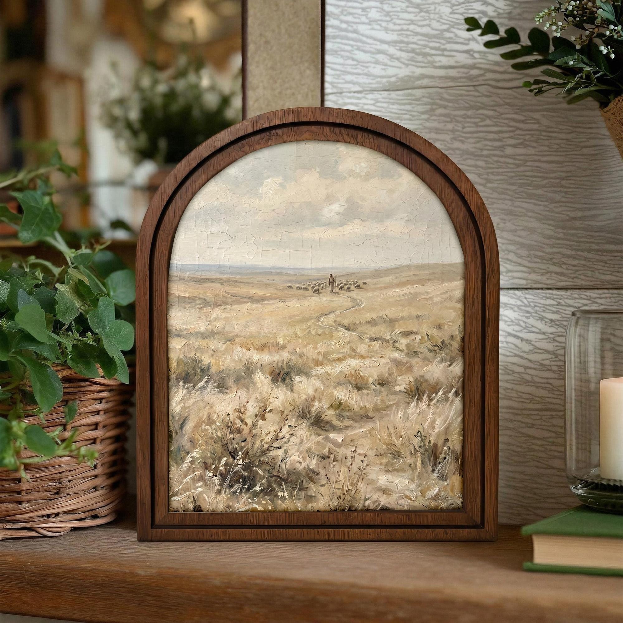 Good Shepherd Art, Jesus Painting, Arched Wood Frame, Christian Wall Decor, Christ Lamb Print, Religious Picture Frame, Catholic Home Gift