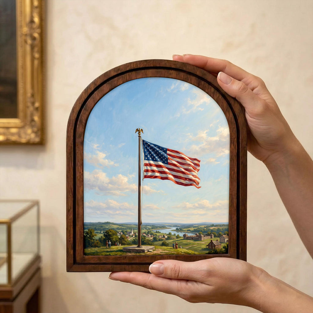 American Flag Print, Patriotic Wall Art, Arched Wood Frame, Americana Oil Painting, 4th of July Decor, Arched Picture Frame, Veteran Gift
