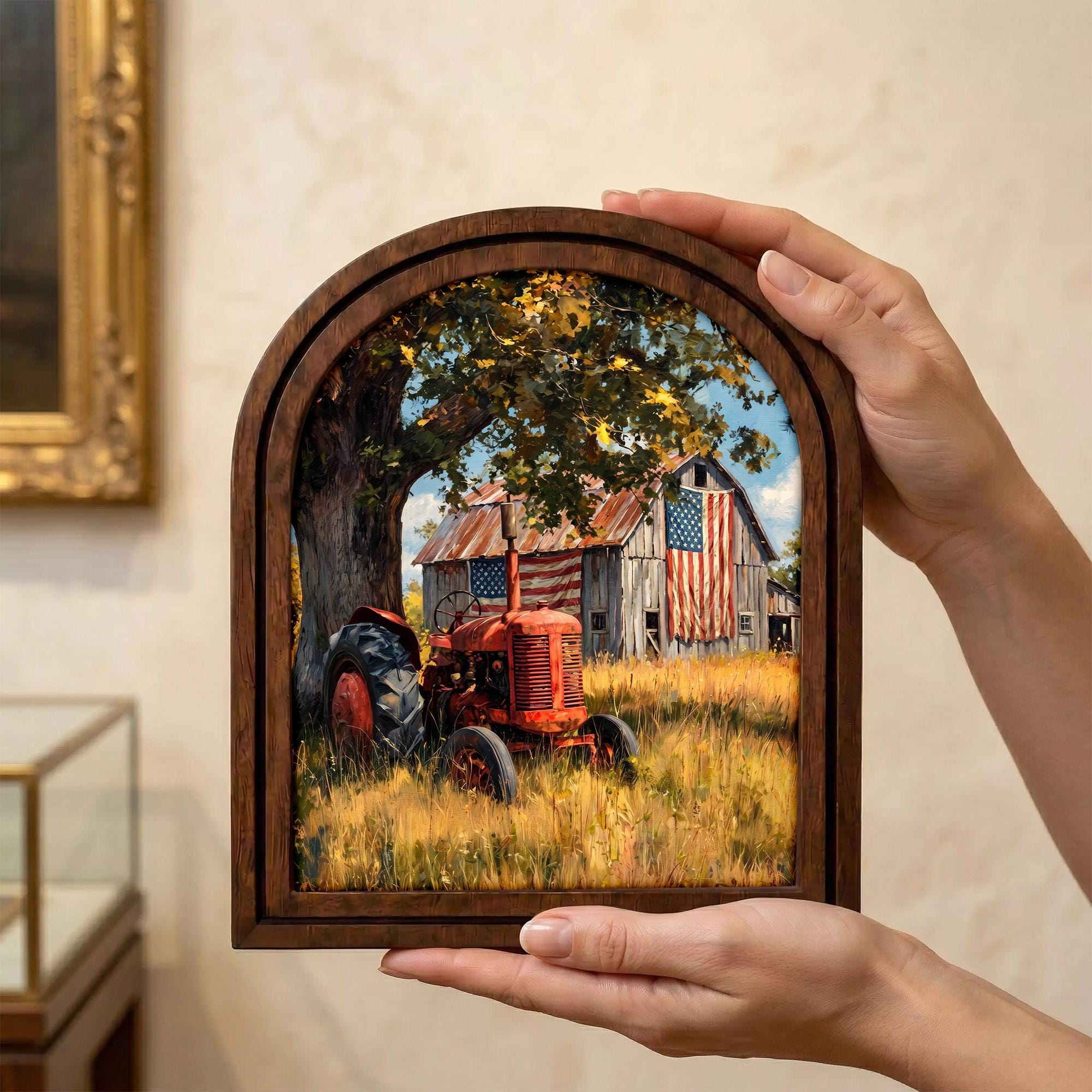 Vintage Red Tractor Wall Art, Farmhouse Decor, American Flag Barn Painting, Rustic Country Gift, Arch Wood Picture Frame,3-Layer Plywood Art