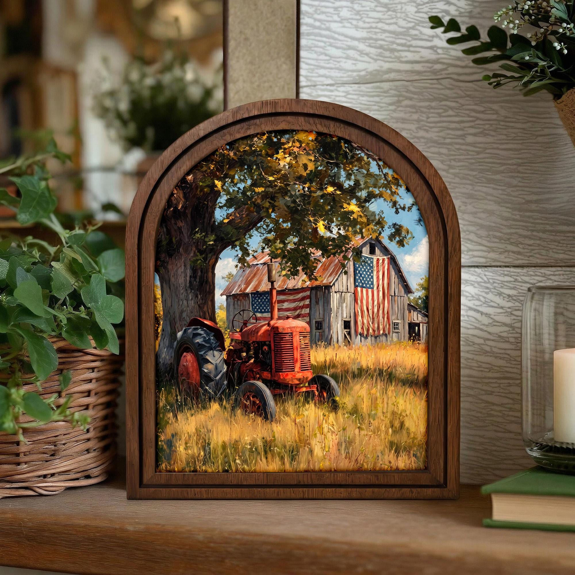 Vintage Red Tractor Wall Art, Farmhouse Decor, American Flag Barn Painting, Rustic Country Gift, Arch Wood Picture Frame,3-Layer Plywood Art