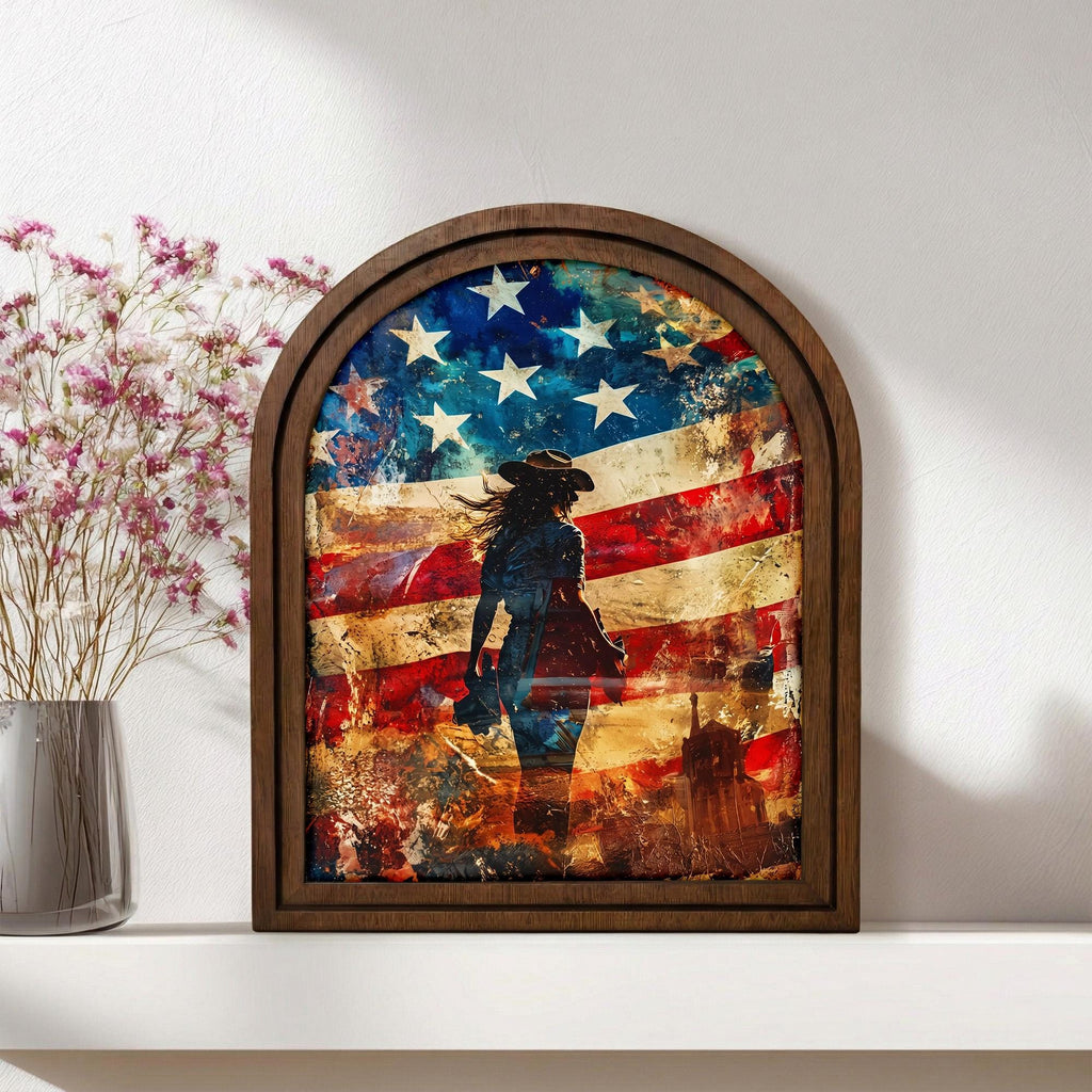 American Flag Cowgirl Wall Art, Patriotic Female Cowboy Decor, Western Woman Canvas Print, Arch Wood Picture Frame, 3-Layer Plywood Frame