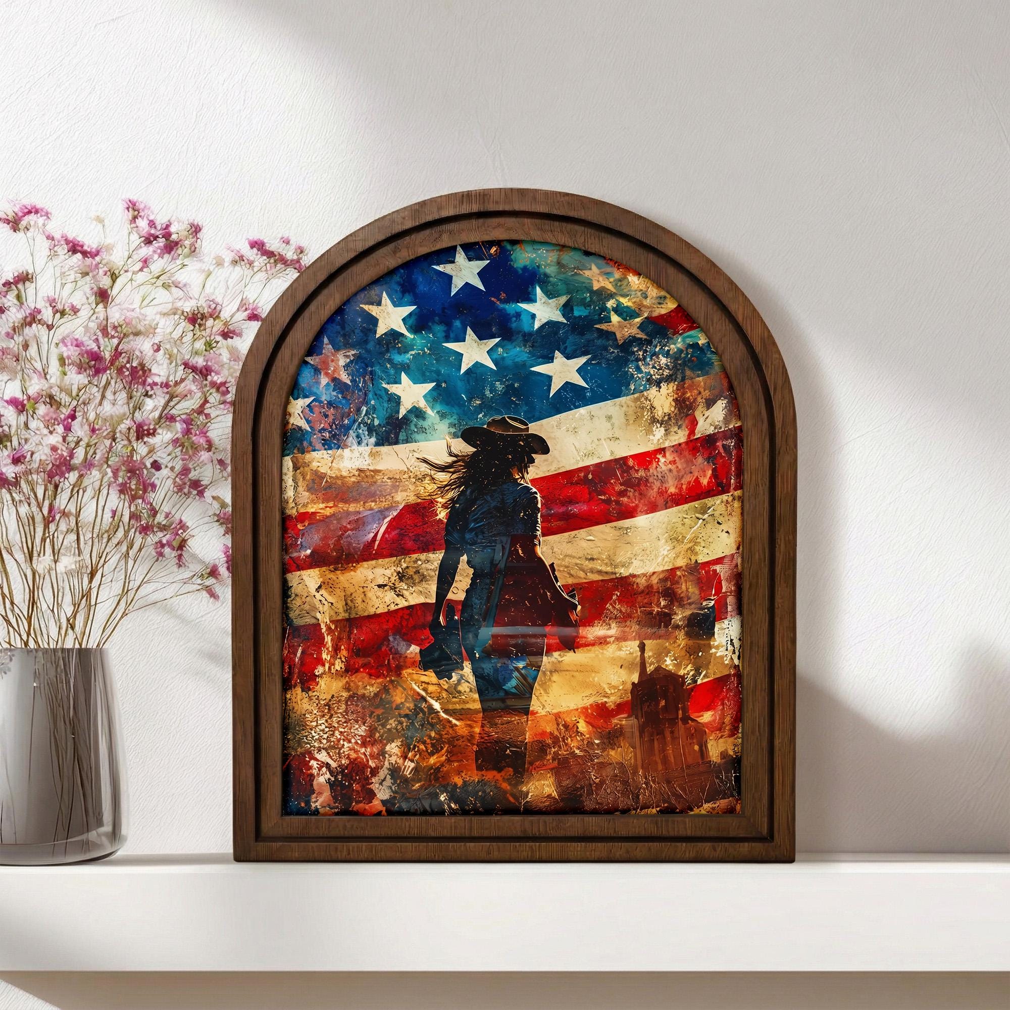 American Flag Cowgirl Wall Art, Patriotic Female Cowboy Decor, Western Woman Canvas Print, Arch Wood Picture Frame, 3-Layer Plywood Frame