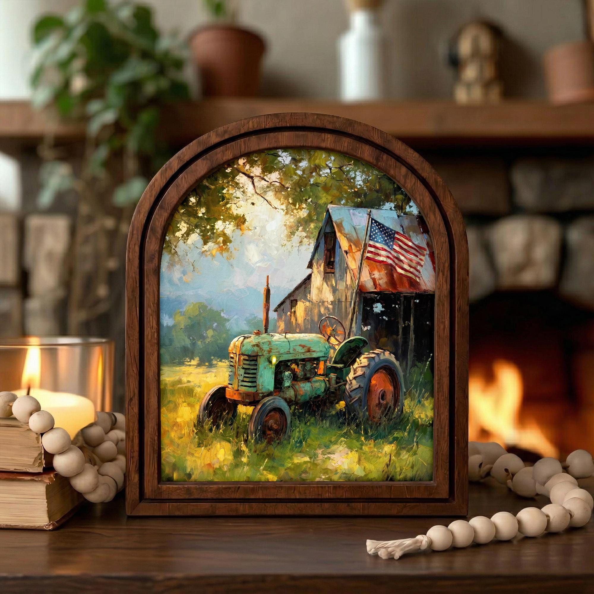 Vintage Tractor Wall Art, Farmhouse Decor, American Flag Barn Painting, Rustic Country Gift, Arch Wood Picture Frame, 3-Layer Plywood Art
