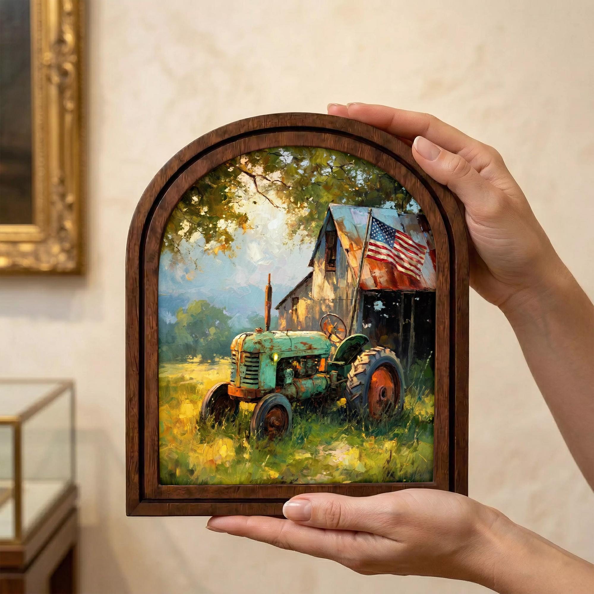 Vintage Tractor Wall Art, Farmhouse Decor, American Flag Barn Painting, Rustic Country Gift, Arch Wood Picture Frame, 3-Layer Plywood Art