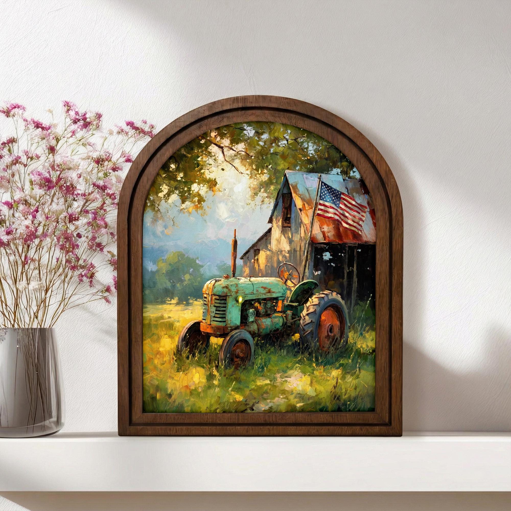 Vintage Tractor Wall Art, Farmhouse Decor, American Flag Barn Painting, Rustic Country Gift, Arch Wood Picture Frame, 3-Layer Plywood Art