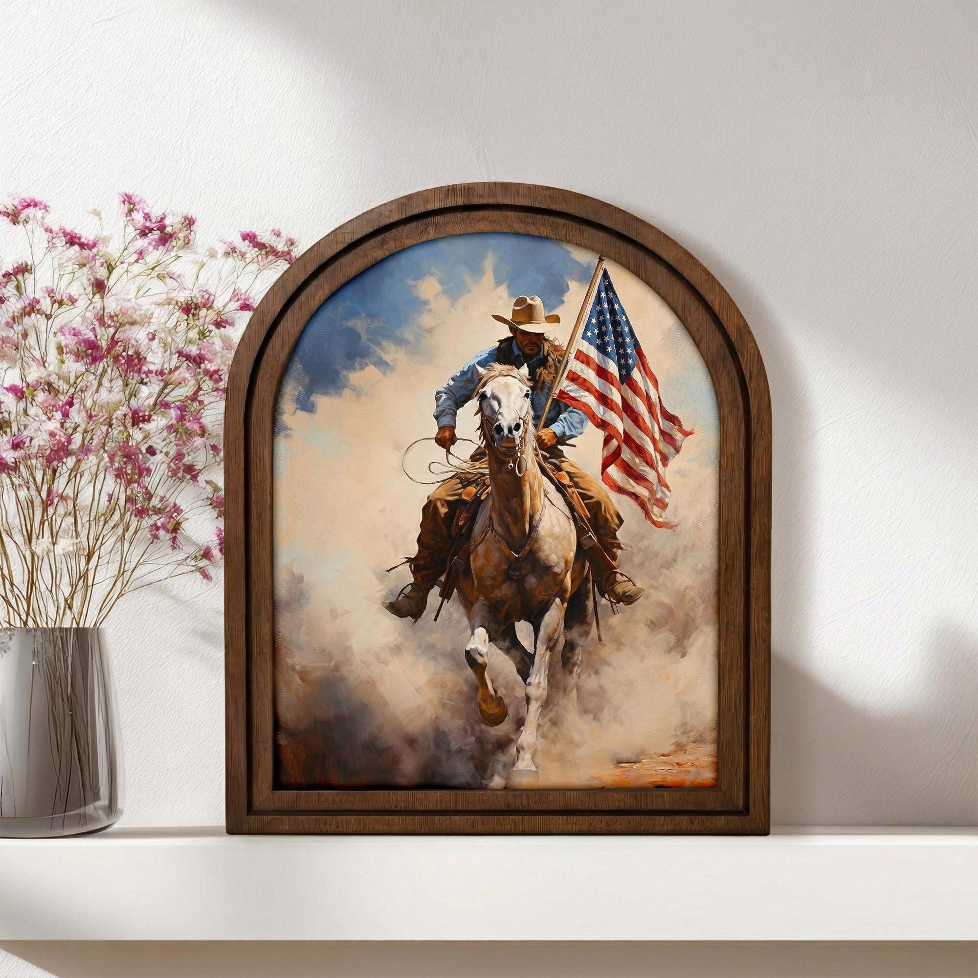 Patriotic Decor,4th of July Wall Art,America 250 Wood Framed Canvas,USA 250 Anniversary Decor,1776-2026 Patriotic Gift,Vintage Cowboy Art