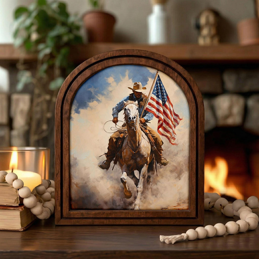 Patriotic Decor,4th of July Wall Art,America 250 Wood Framed Canvas,USA 250 Anniversary Decor,1776-2026 Patriotic Gift,Vintage Cowboy Art