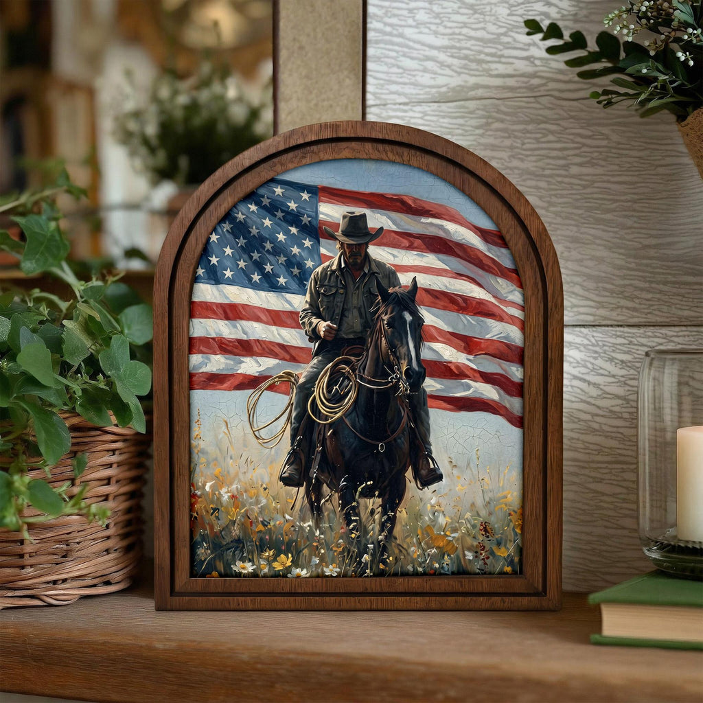 American Flag Cowboy Wall Art, Arch Wood Picture Frame, Rustic Western Decor, Patriotic Gift, Horse Rider Canvas Print,3-Layer Plywood Frame