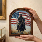 American Flag Cowboy Wall Art, Arch Wood Picture Frame, Rustic Western Decor, Patriotic Gift, Horse Rider Canvas Print,3-Layer Plywood Frame