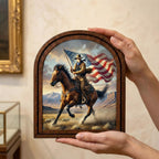 American Flag Cowboy Wall Art, Patriotic Western Decor, Horse Rider Canvas Print, Rustic Men‘s Gift, Arch Wood Picture Frame, Plywood Art