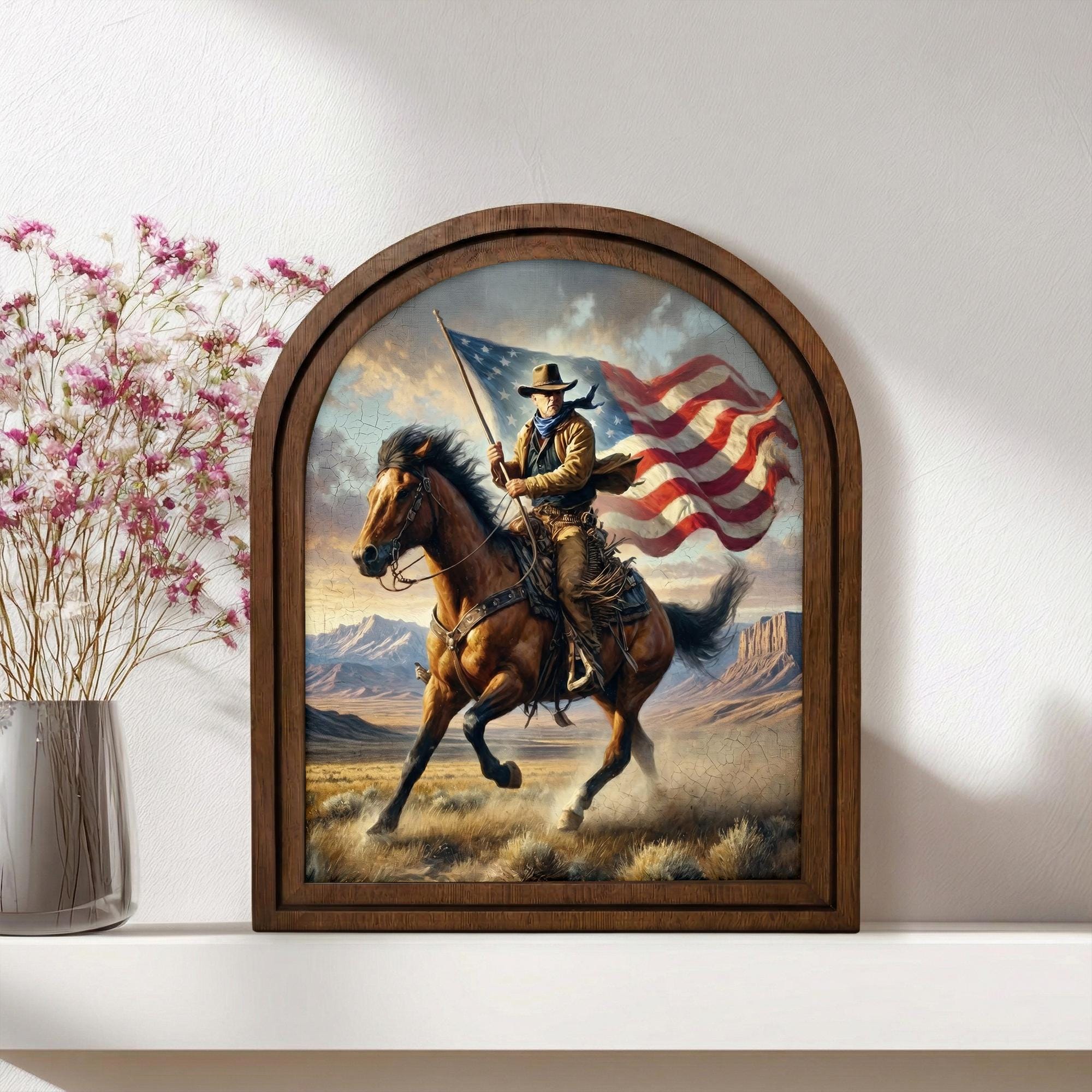 American Flag Cowboy Wall Art, Patriotic Western Decor, Horse Rider Canvas Print, Rustic Men‘s Gift, Arch Wood Picture Frame, Plywood Art