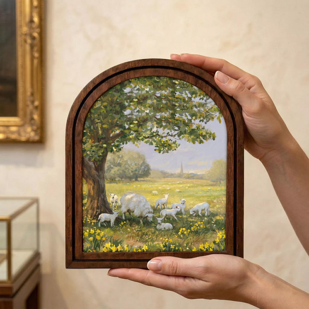 Sheep Painting Arched Wood Frame, Farmhouse Wall Art, Spring Meadow Decor, Lamb Oil Painting Canvas, Rustic Nursery Art, Countryside Gift