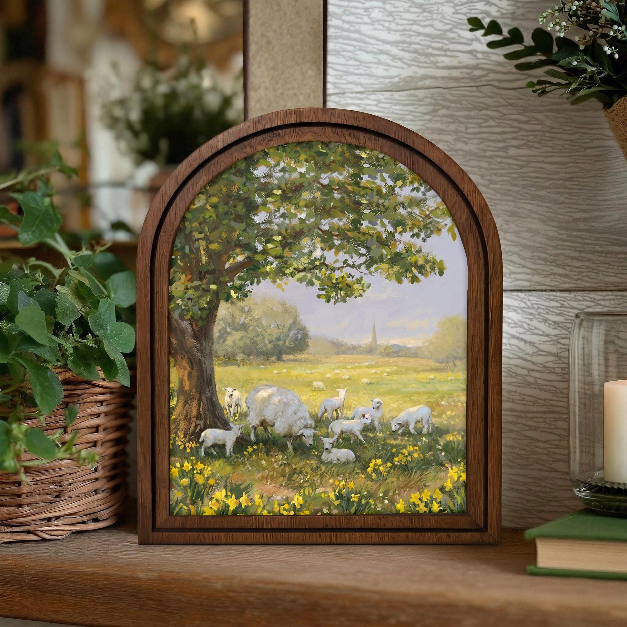 Sheep Painting Arched Wood Frame, Farmhouse Wall Art, Spring Meadow Decor, Lamb Oil Painting Canvas, Rustic Nursery Art, Countryside Gift