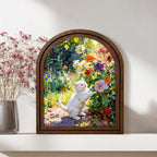 Cat Painting Arched Wood Frame, White Kitten Flower Garden Wall Art, Impressionist Pet Canvas, Farmhouse Decor, Cat Lover Gift, Nursery Art