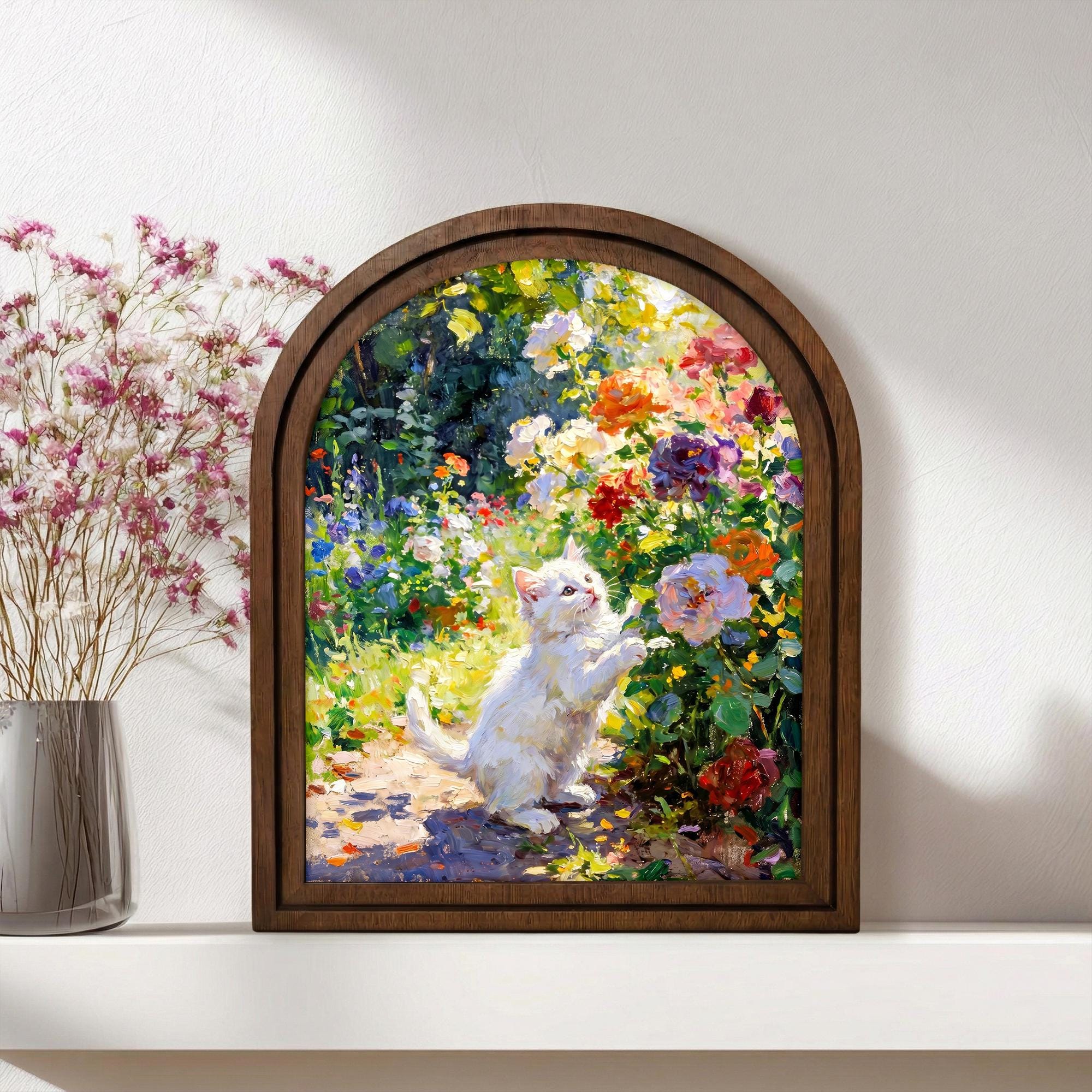 Cat Painting Arched Wood Frame, White Kitten Flower Garden Wall Art, Impressionist Pet Canvas, Farmhouse Decor, Cat Lover Gift, Nursery Art