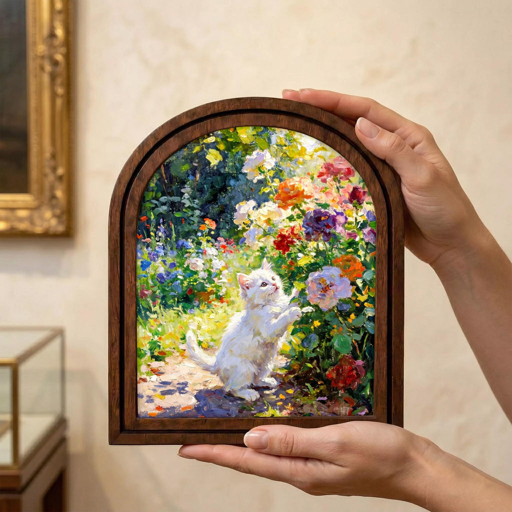 Cat Painting Arched Wood Frame, White Kitten Flower Garden Wall Art, Impressionist Pet Canvas, Farmhouse Decor, Cat Lover Gift, Nursery Art