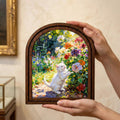 Cat Painting Arched Wood Frame, White Kitten Flower Garden Wall Art, Impressionist Pet Canvas, Farmhouse Decor, Cat Lover Gift, Nursery Art