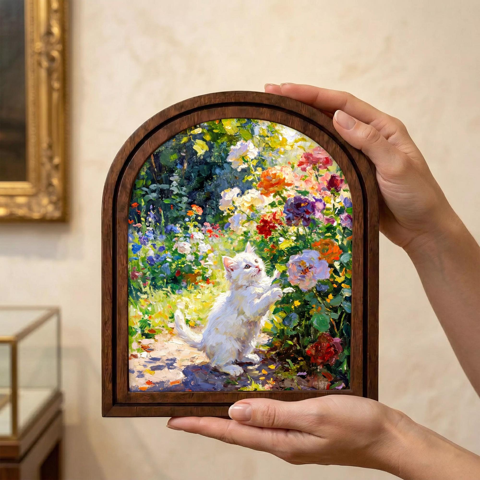 Cat Painting Arched Wood Frame, White Kitten Flower Garden Wall Art, Impressionist Pet Canvas, Farmhouse Decor, Cat Lover Gift, Nursery Art