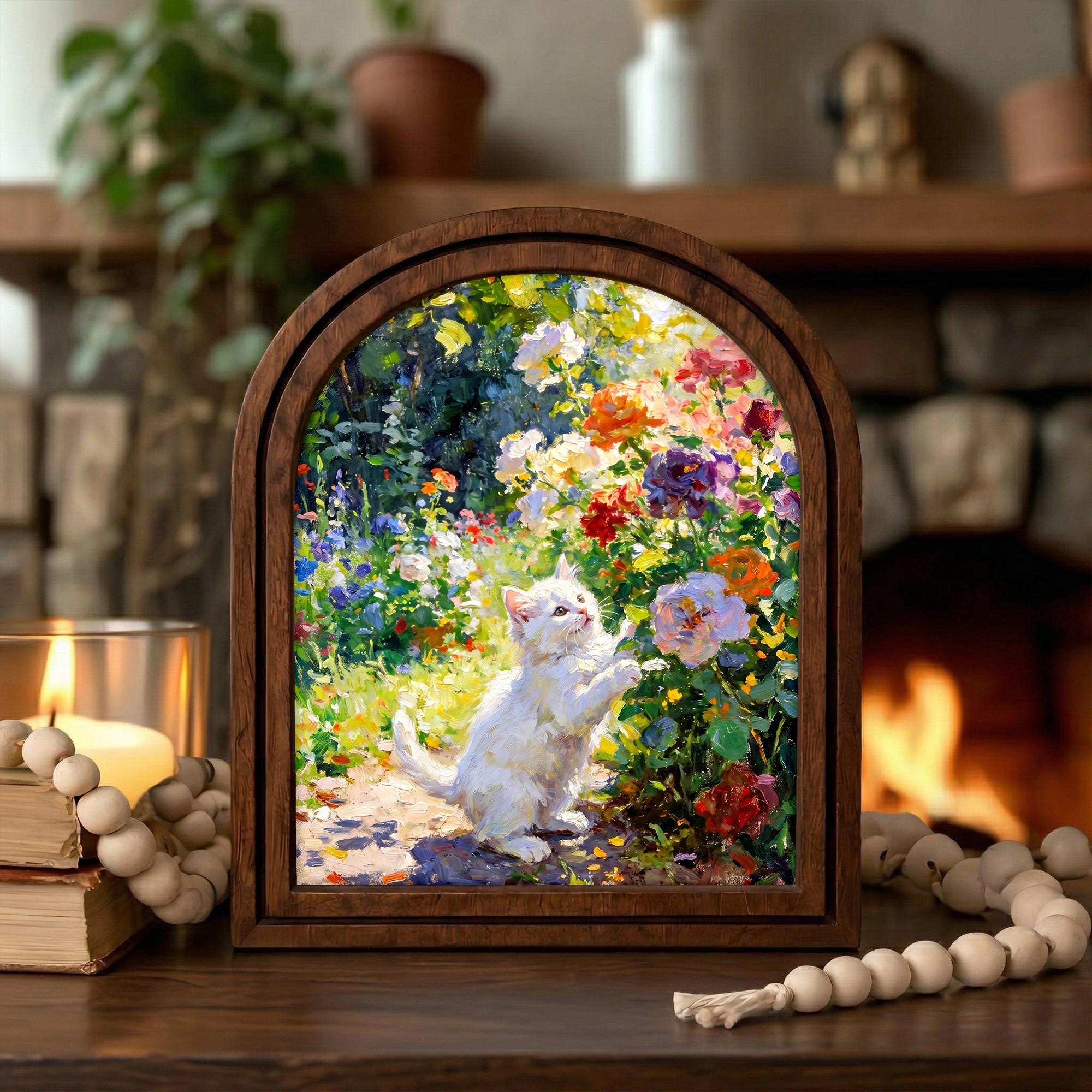 Cat Painting Arched Wood Frame, White Kitten Flower Garden Wall Art, Impressionist Pet Canvas, Farmhouse Decor, Cat Lover Gift, Nursery Art