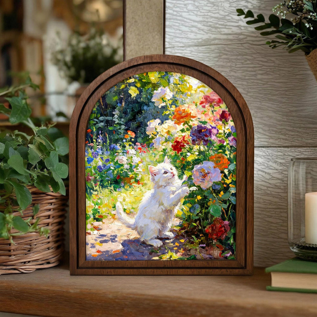 Cat Painting Arched Wood Frame, White Kitten Flower Garden Wall Art, Impressionist Pet Canvas, Farmhouse Decor, Cat Lover Gift, Nursery Art