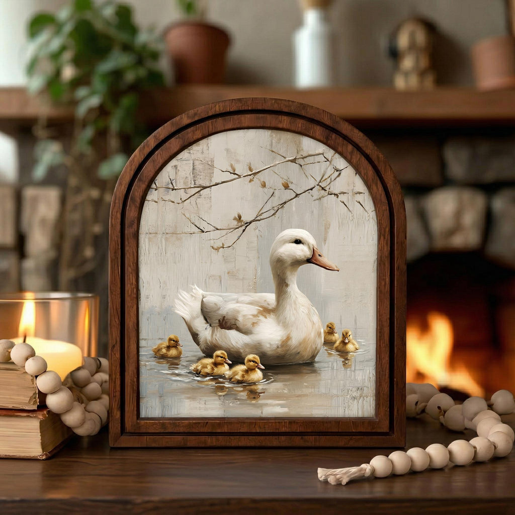 Duck Wall Art - Vintage Duck Pond Oil Painting Wood Arch Frame, Farmhouse Nursery Wall Art, Rustic Country Landscape Decor